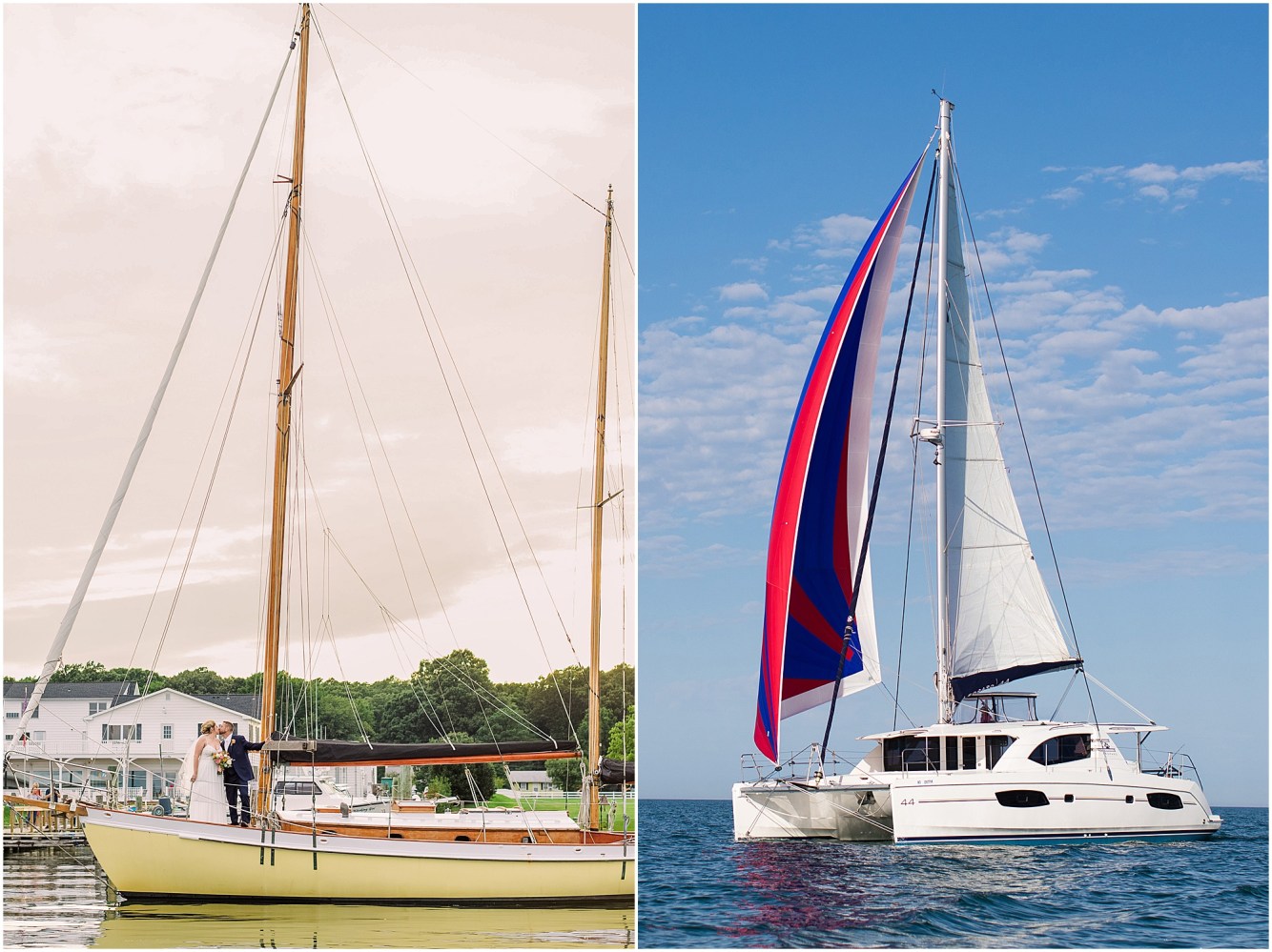 Split image: Left, couple on a sailboat; Right, a catamaran with colorful sails on open water.