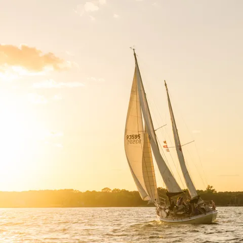 Sailboat on water at sunset with glowing sky and distant shoreline.