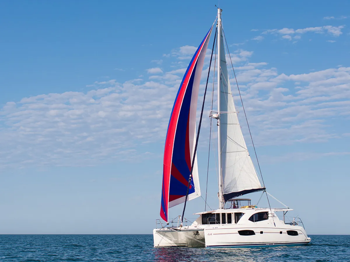 Catamaran with white sails and colorful spinnaker sailing on the ocean under a clear blue sky.