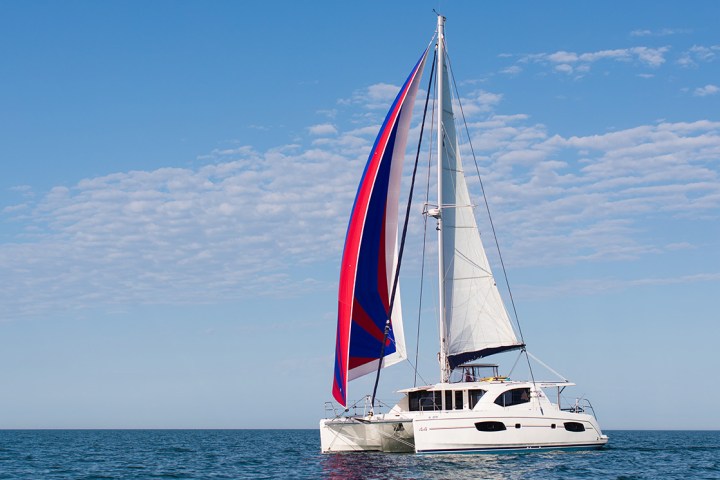 Catamaran with white sails and colorful spinnaker sailing on the ocean under a clear blue sky.