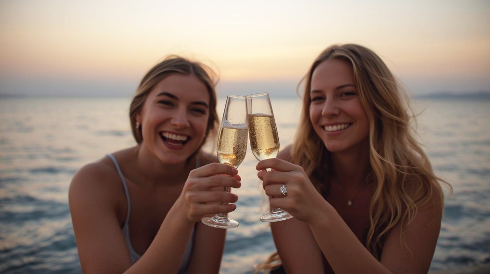 Two women smiling, clinking champagne glasses, with ocean and sunset in the background.