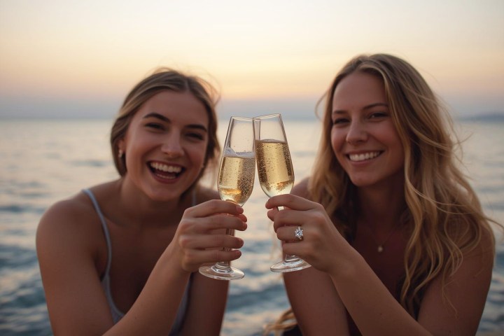 Two women smiling, clinking champagne glasses, with ocean and sunset in the background.