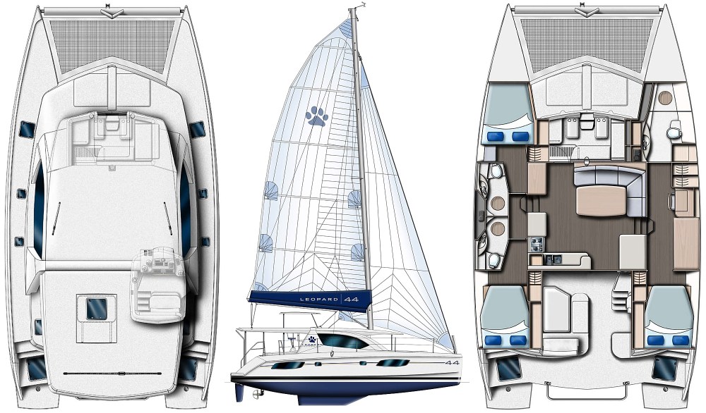 Illustration of catamaran yacht with top view, side profile, and interior layout.