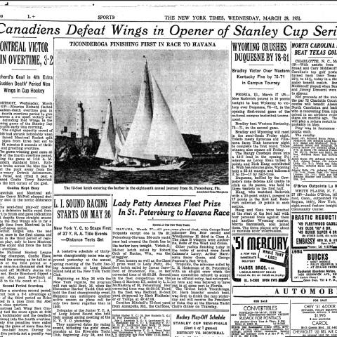 Vintage newspaper page with headlines about sports events, including hockey and basketball results from 1951.