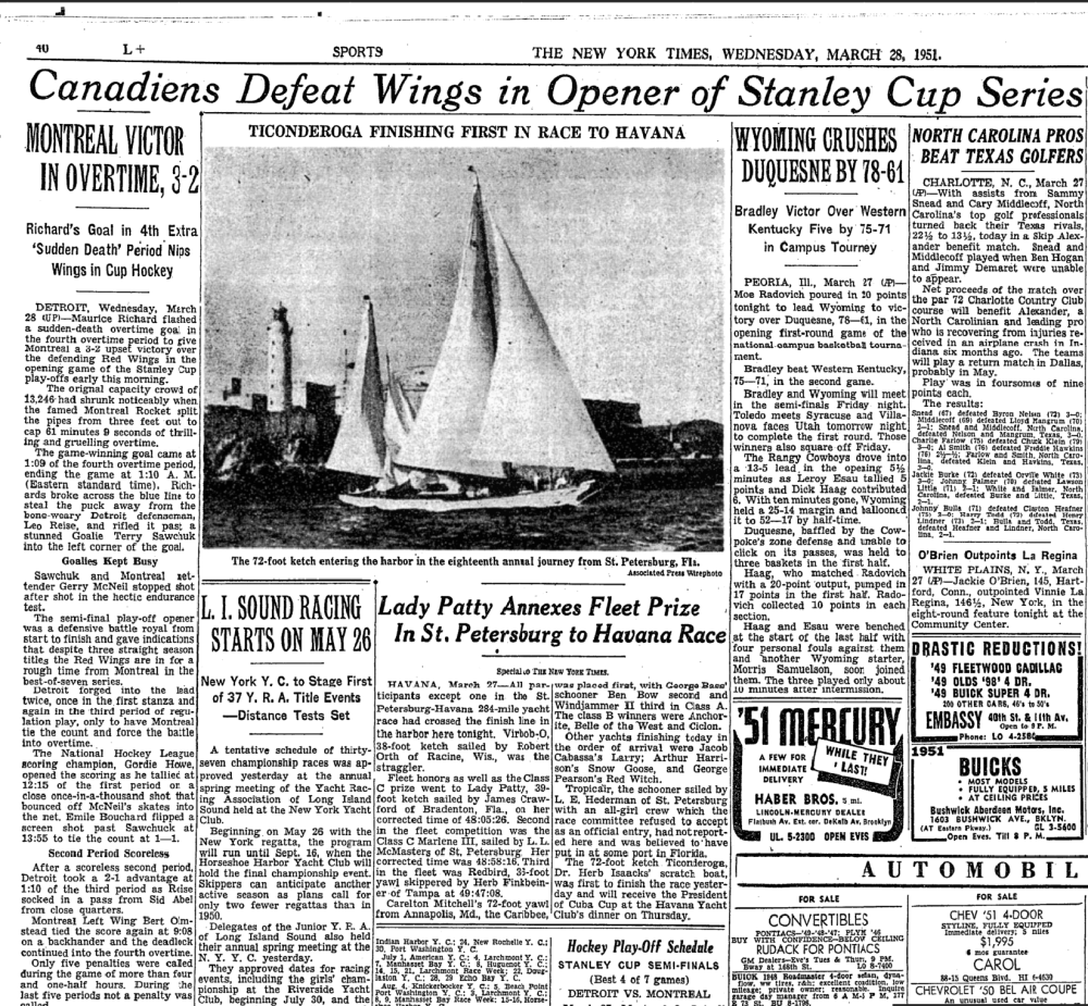 Vintage newspaper page with headlines about sports events, including hockey and basketball results from 1951.