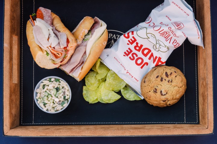 Tray with sandwich, chips, coleslaw, cookie, and a bag of Joe Sandwiches.