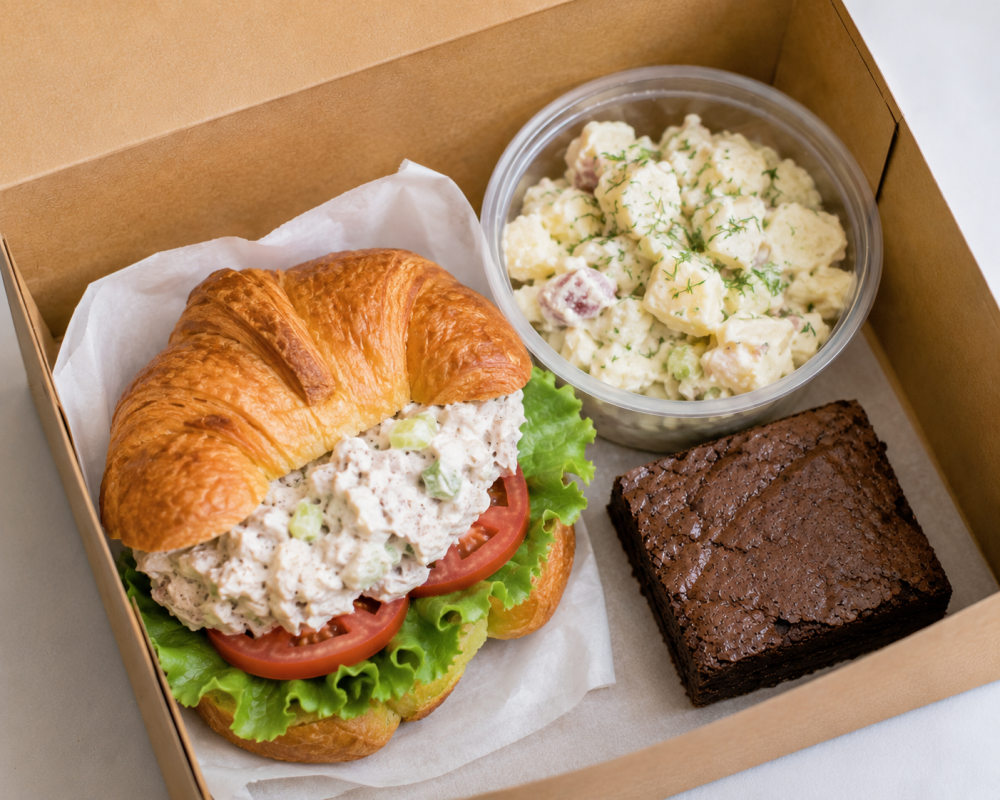Croissant sandwich, potato salad, and brownie in a box.