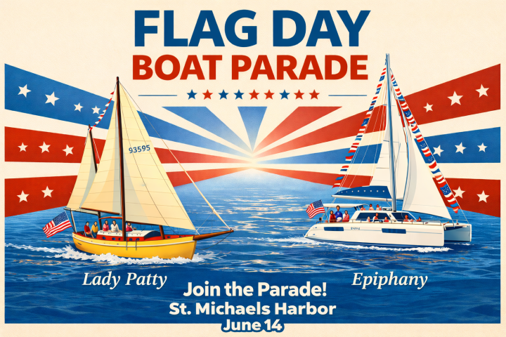 Flag Day Boat Parade poster with two decorated sailboats and a starburst background.