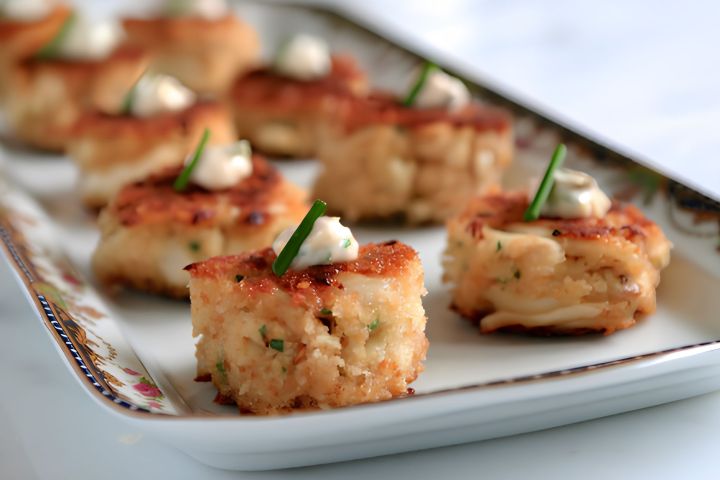Tray of square crab cakes with topping and chives.