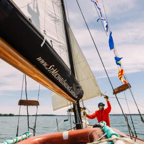Person in red jacket adjusting sail on a boat with colorful flags, under a sunny sky.