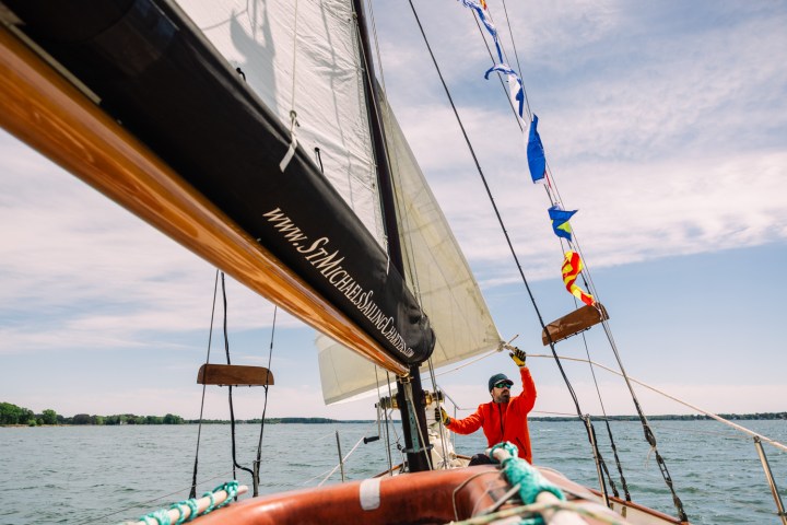 Person in red jacket adjusting sail on a boat with colorful flags, under a sunny sky.